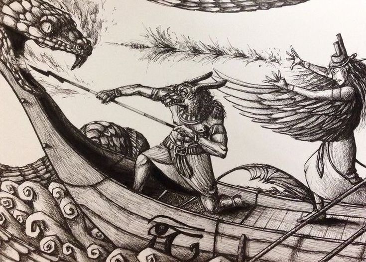 Illustration of the Ancient Kemet (Egyptian) God Set fighting the great serpent Apep on the night ride of Mesektet through the Duat. Isis battles as well. Artist: LeaMssz - https://www.deviantart.com/leamssz