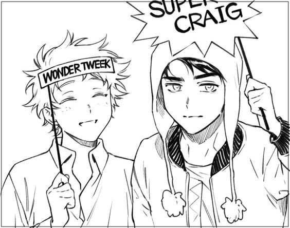 Fanart of Southpark's Craig Tucker and Tweek. Tweek is holding a sign above his head that says "Wonder Tweek" and Craig is holding up a sign above his head that says "Super Craig" . Artist: ad_dachi