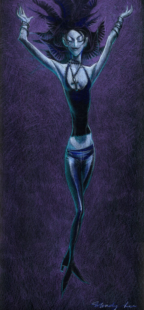 Colored pencil drawing of Death of The Endless titled "Flutter" by artist Mindy Lee (https://www.gallerynucleus.com/artists/mindy_lee)