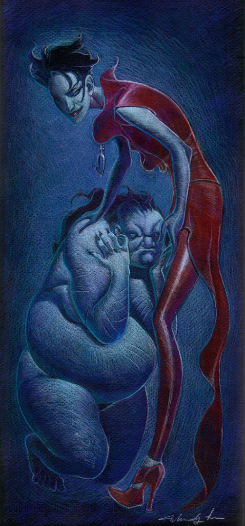 Colored pencil drawing of Desire and Despair of The Endless titled "Sisters" by artist Mindy Lee (https://www.gallerynucleus.com/artists/mindy_lee)