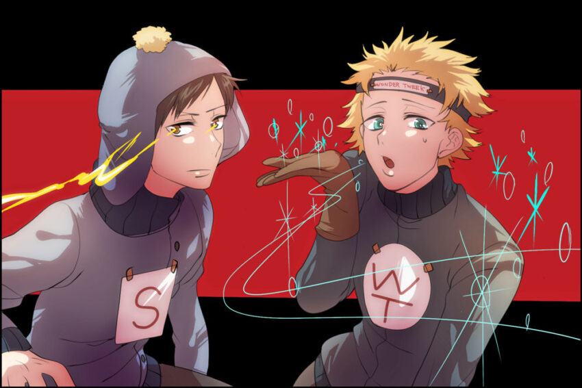 Fanart of Southpark's Craig Tucker and Tweek. Wonder Tweek and Super Craig art. okanoumi - https://www.deviantart.com/okanoumi