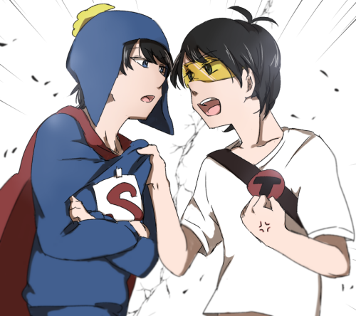 Fanart of Southpark's Craig Tucker. Super Craig with the rare elusive red cape. Stan Marsh as Toolshed. Artist: kiyoshi56 | https://kiyoshi56.tumblr.com/