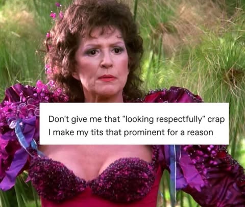 Star Trek TNG meme image showing Lwaxana Troi with her large breasts out with the caption "Don't give me that 'looking respectfully' crap! I make my tits that prominent for a reason!"