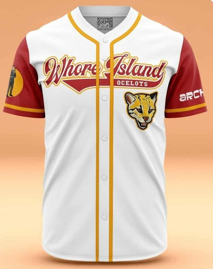 Baseball jersey says Whore Island Ocelots with a Babou the Ocelot logo from the TV series Archer.