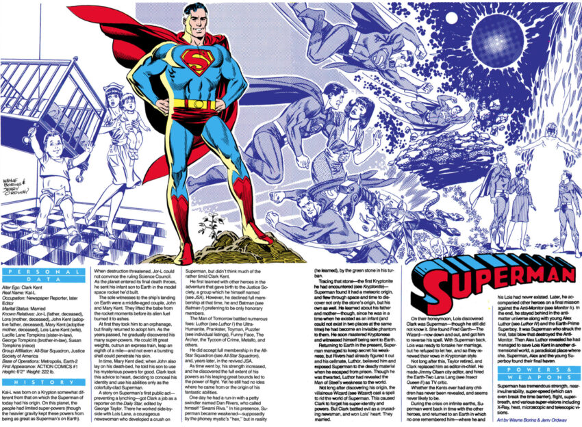 Golden Age Superman page from "Who's Who: The Definitive Directory of the DC Universe" #22 (1986). Art by Wayne Boring and Jerry Ordway.