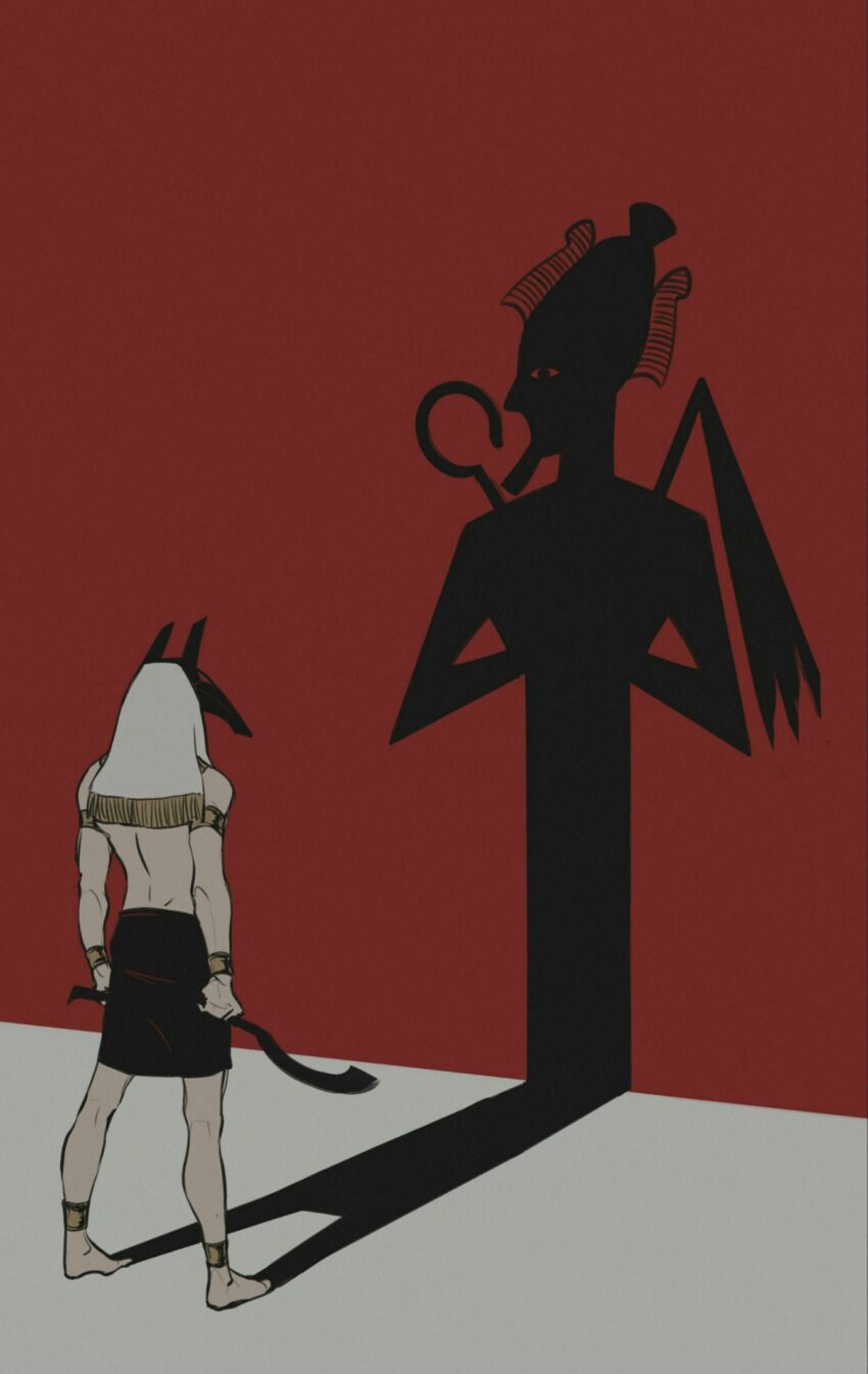 An fan art interpretation of Set and Osiris. Osiris being cast as a shadow from Set. Artist: sheeigh | https://x.com/sheeigh