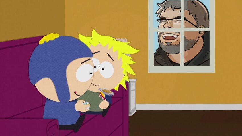 Fanart of Southpark's Craig Tucker and Tweek. Nala laughs outside the window.