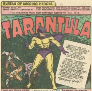 The Golden Age Tarantula's original blue and yellow costume.