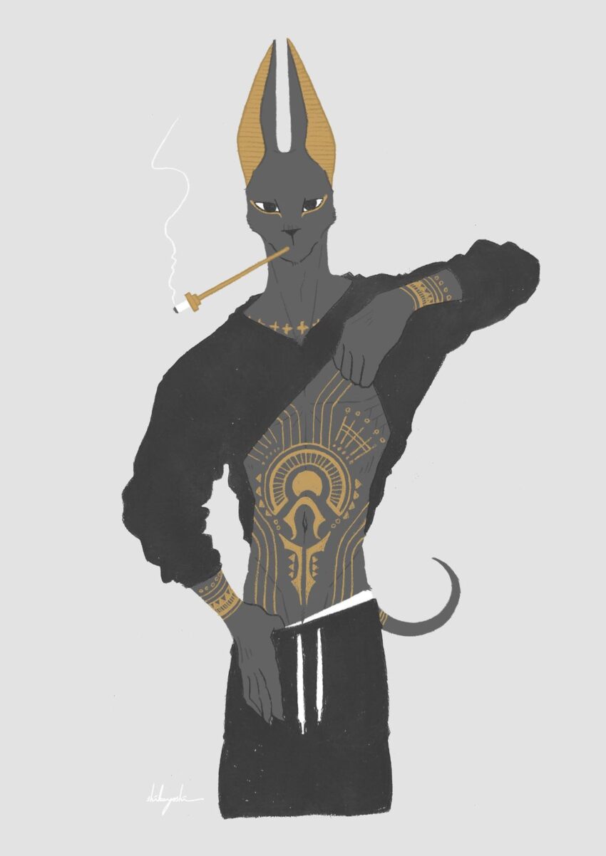 A fan art interpretation of Anpu (Anubis) Artist: 鹿吉 shigeru20200531 | https://x.com/shigeru20200531 (dead account)