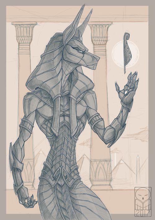 A fan art interpretation of Anpu (Anubis) with the feather of Maat - Artist: Undetermined | Know the artist's socials? Drop me a URL!