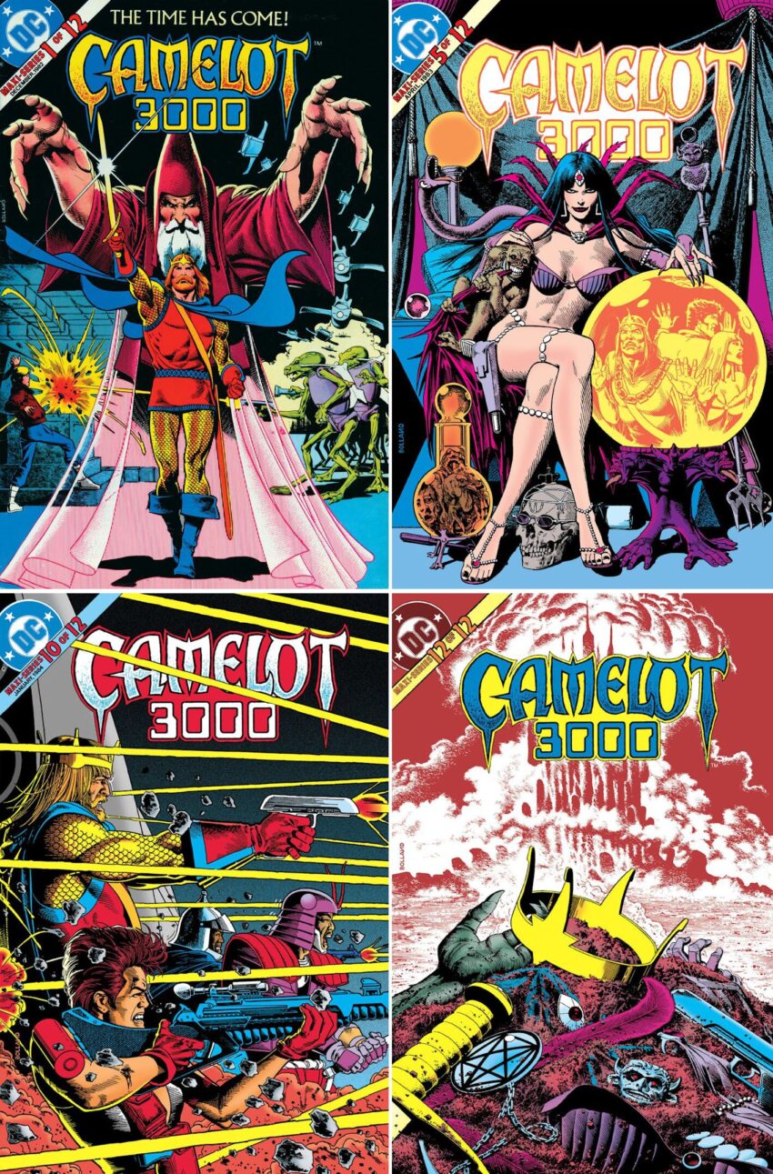 Image showing 4 covers from DC Comics "Camelot 3000" series from 1982 by Mike Barr and Brian Bolland. Shows covers to issues 1, 5, 10, and 12.