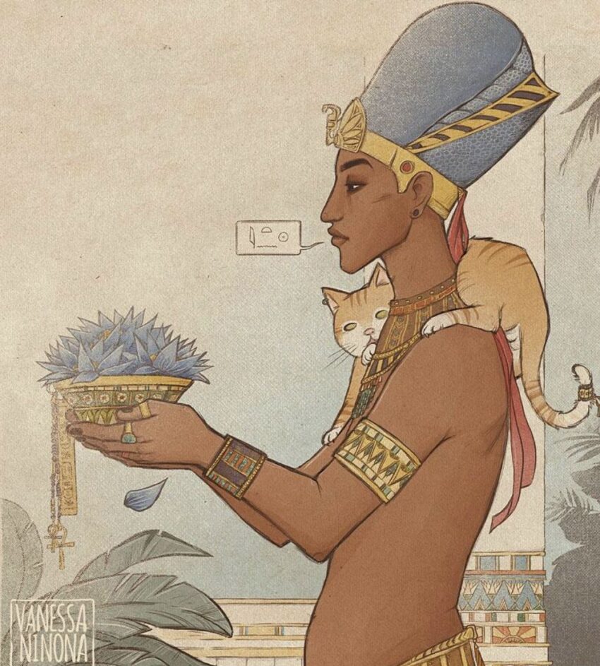 A fan art interpretation of 18th Dynasty Kemet Pharaoh Akhenaten wearing the blue war crown. Artist: Vanessa Ninona | https://www.deviantart.com/vanessa-ninona