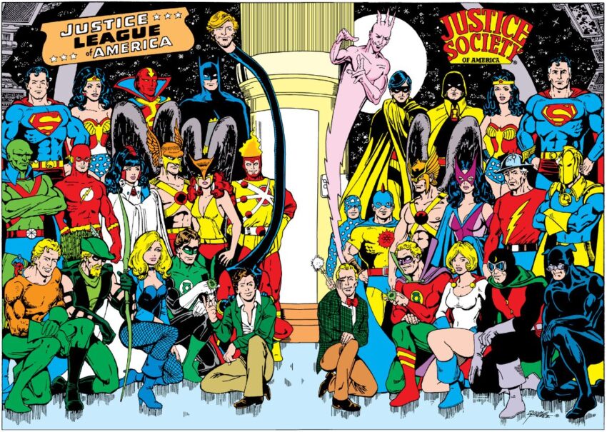 2-page spread of the then current current roster of the JLA and JSA from "Justice League" #195 (1981) - By George Pérez