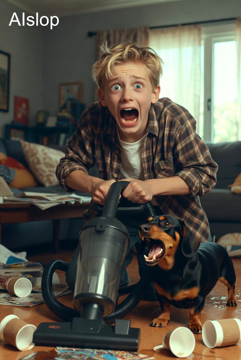 AISlop image of a horribly unrealistic photo of South Park's Tweek Tweek vacuuming a room covered in coffee cups with a small black and tan dachshund barking at the vacuum cleaner.