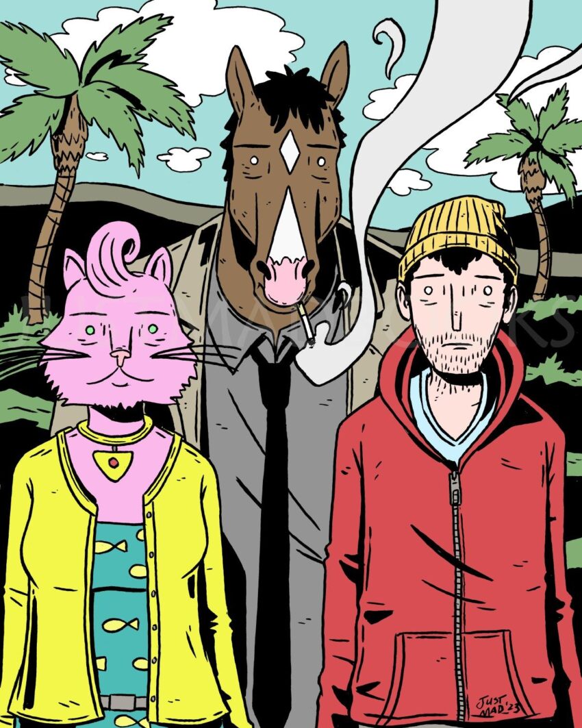 Color illustration of BoJack, Princess Caroline, and Todd Chavez by artist Justin Madson https://www.justmadbooks.com/